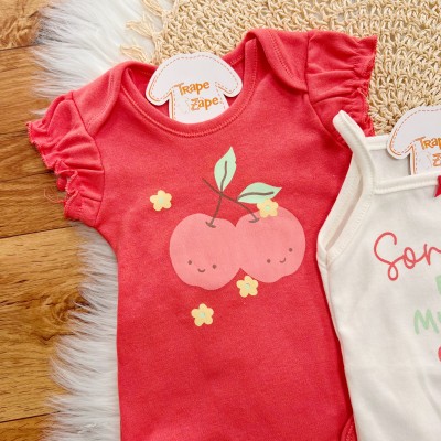 CONJ. DE MALHA 3 PEÇAS - Sorrisos e Muito Sol - Cereja e Off White